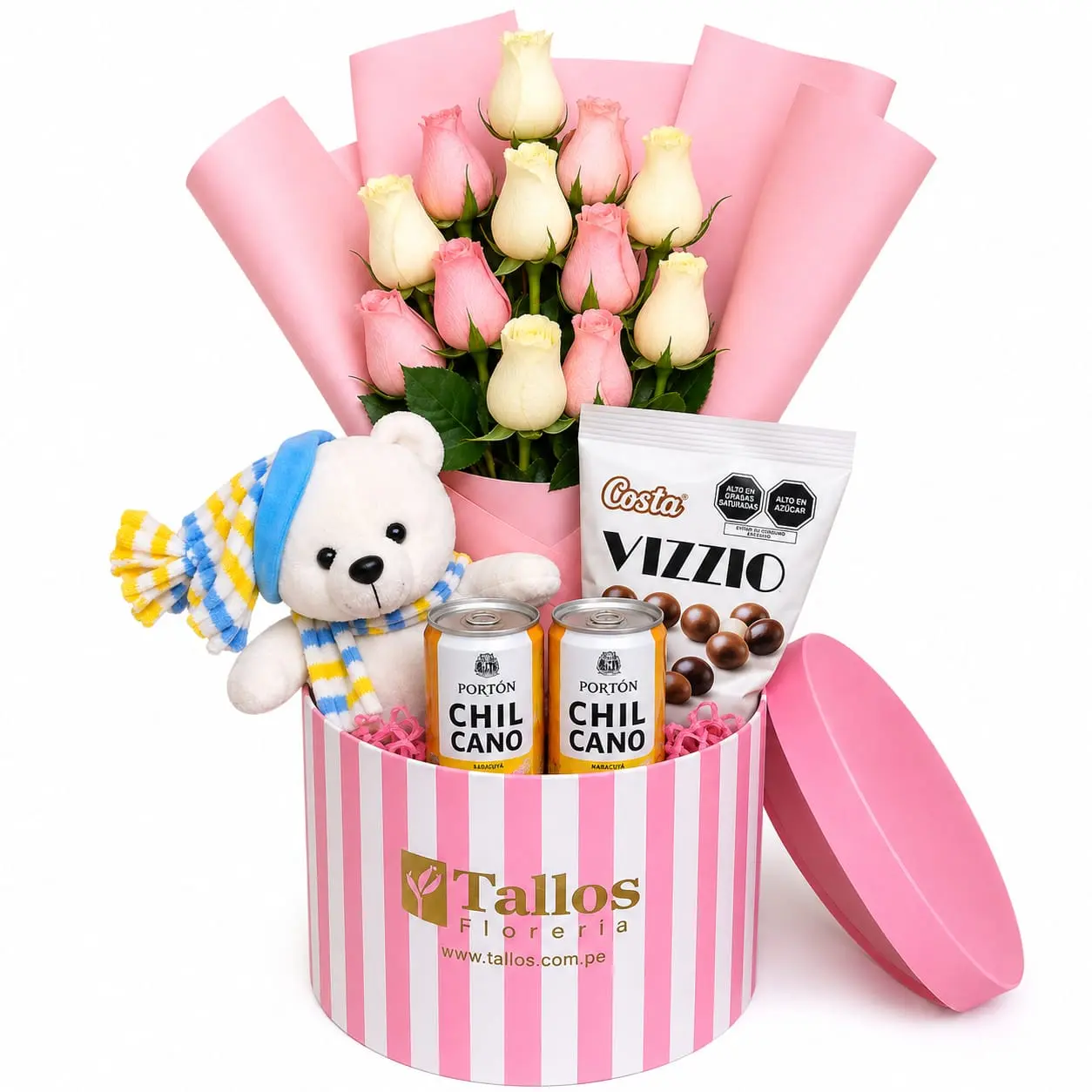 box sorpresa con rosas rosadas y blancas para regalo elegante delivery de flores en Lima